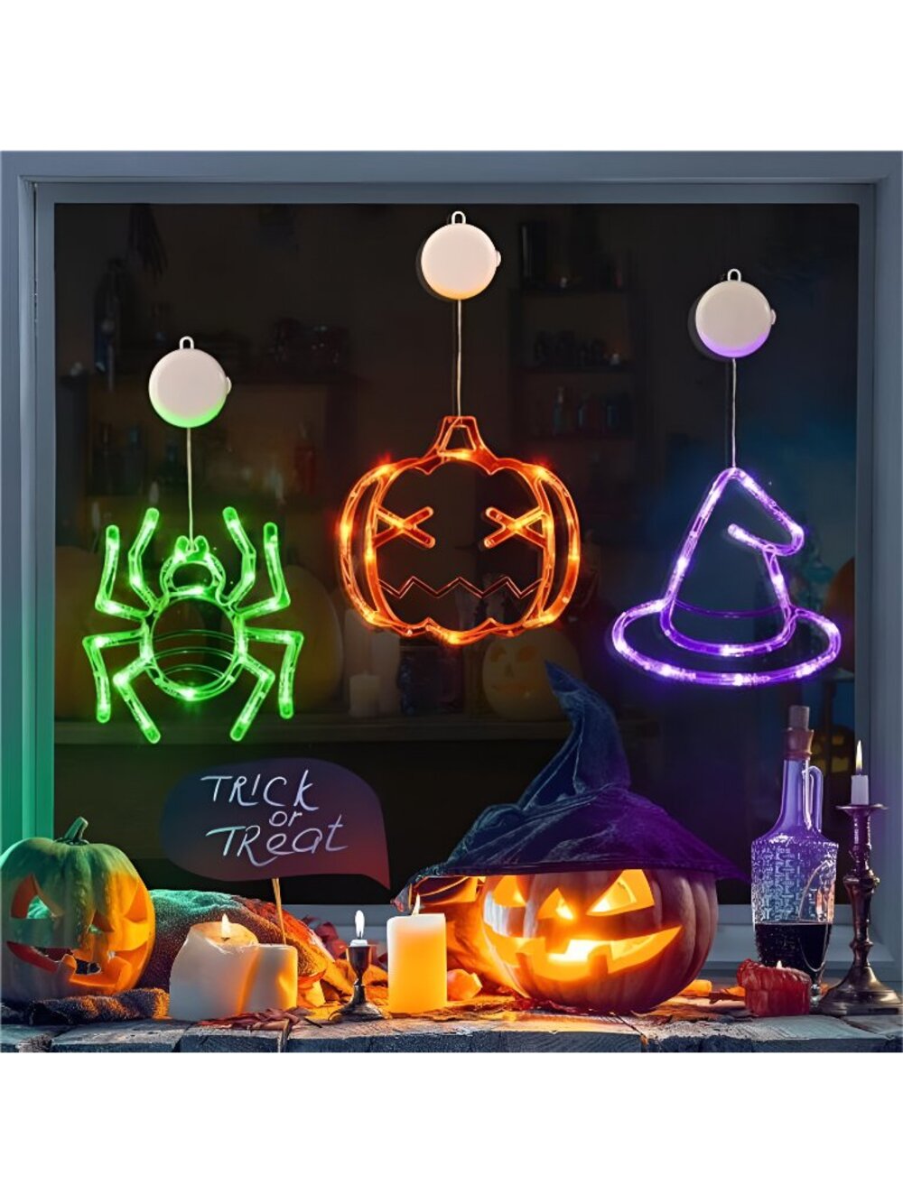Halloween Window Decorations 3 Pack Orange Pumpkin Green Spider Purple
